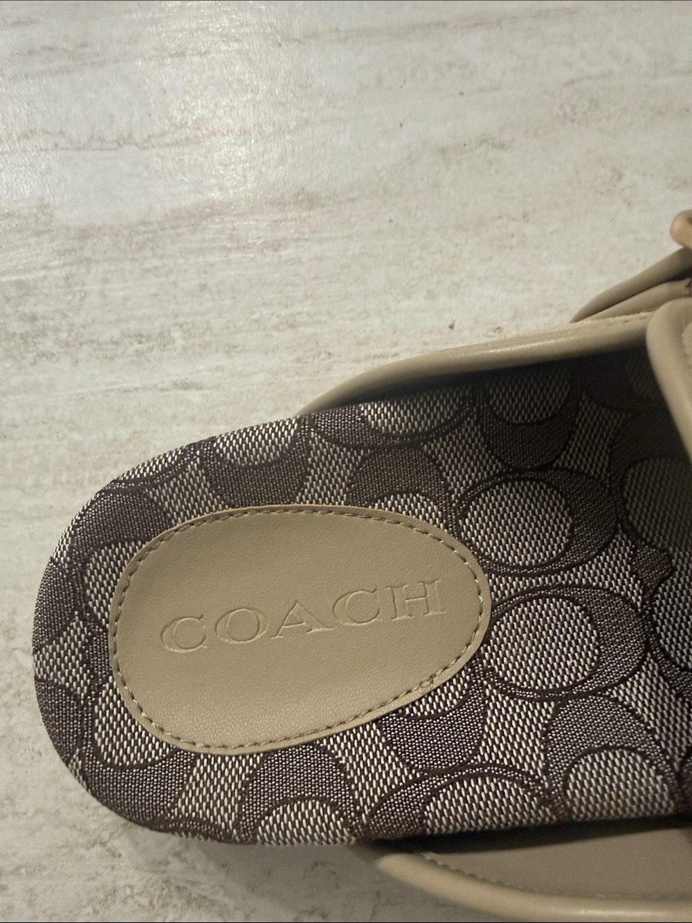 Coach Beige Suede Logo-Trim Clogs with Gold Buckle - Picture 2 of 8